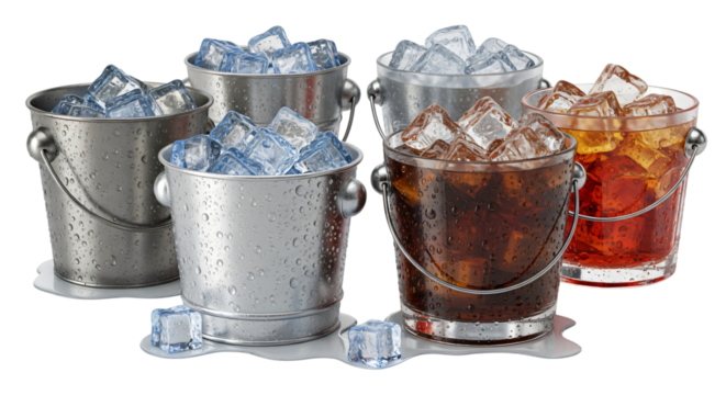Several metal buckets filled with ice and refreshing beverages like cola and soda, perfectly chilled and ready to serve, isolated on transparent background