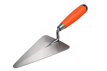 Masonry trowel with orange handle, a construction hand tool for plastering and bricklaying, transparent background