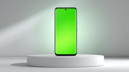 A bezel less smartphone positioned vertically on a pure white pedestal, its vivid green screen shining brightly.