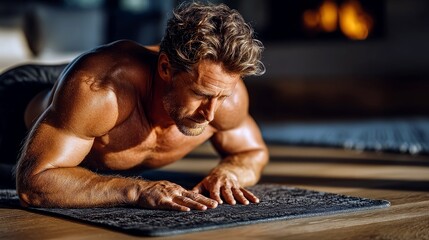 A shirtless, muscular man with short, wavy brown hair and a beard is in a plank position on a dark gray exercise mat. He is looking down with a focused expressi