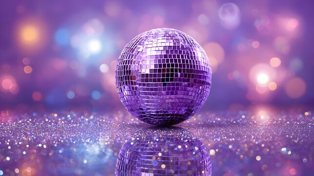 Vibrant purple disco ball on a sparkling glitter floor with bokeh lights.