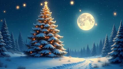 christmas tree with snowy winter moonlit night - Powered by Adobe