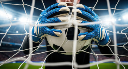 Goalkeeper's hands saving a soccer ball against the goal net. Close-up of a goalie making a save during a football match in a stadium