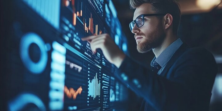 Professional Male Analyst Analyzing Investment Graphs and Stock Value Using Modern Technologies