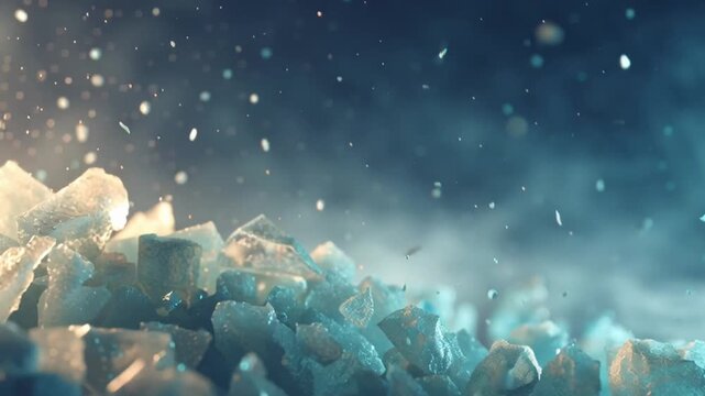 frozen fireworks exploding in slow motion, made from translucent ice crystals and frosted glass shards