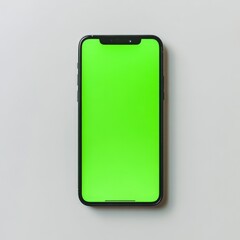 A bright green screen smartphone positioned at the exact center of a pure white surface.