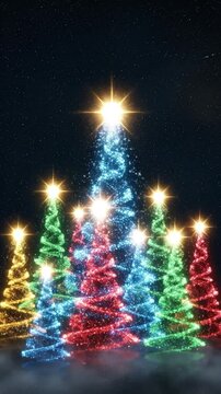 Glittering Spiral Christmas Trees on Starry Night Sky, Vibrant Multicolor Festive Video