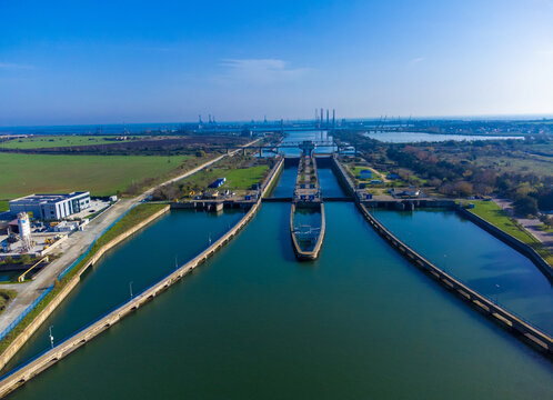 Aerial view of the Agigea lock on the Danube - Black Sea canal