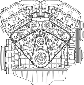 Detailed V8 engine block technical line art vector, internal combustion blueprint diagram, automotive engineering, mechanical schematics, and motor technology