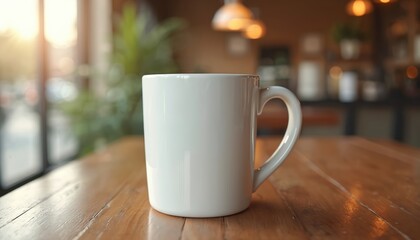 Obraz premium White blank mug stands centered on rustic wooden table in stylish cafe. Bright sunlight streams through large window. Blurred background shows warm, inviting coffee shop interior. Empty cup perfect
