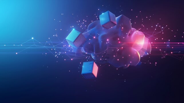 Contemporary Abstract Digital Technology Background with Geometric Shapes and Data Flow Connections