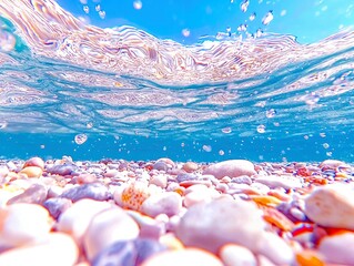 Underwater view of a pebble beach with clear blue water and ripples on the surface, reflecting the bright blue sky with scattered bubbles.