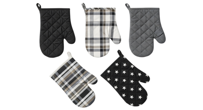 Five assorted oven mitts in black, grey, plaid, and star patterns, essential kitchen accessories for safe handling of hot items, isolated on transparent background