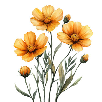 Coreopsis Flower, watercolor clipart showing delicate textures and whimsical forms, isolated on a white background.
