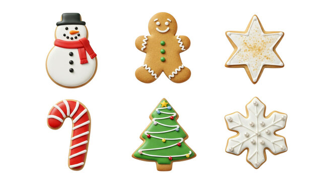 Six festive christmas cookies a gingerbread man, snowman, christmas tree, snowflake, star, and candy cane, isolated on transparent background