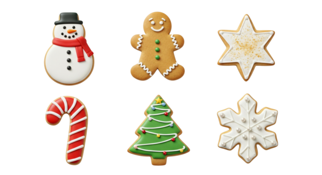 Six festive christmas cookies a gingerbread man, snowman, christmas tree, snowflake, star, and candy cane, isolated on transparent background
