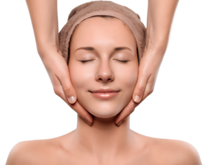 Young woman getting facial massage in beauty salon isolated on a white background