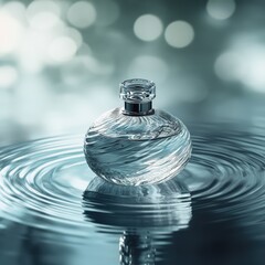 A close-up of a glass perfume bottle floating lightly on water, illuminated by soft natural light from above. The surface creates smooth reflections and a dreamy atmosphere.