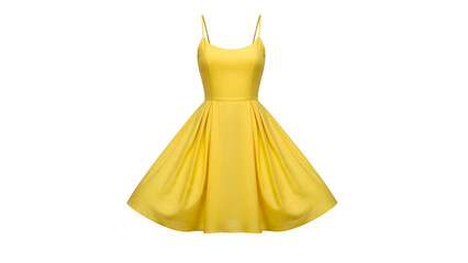 A vibrant yellow summer dress with thin straps, a fitted bodice, and a flared skirt