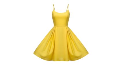 A vibrant yellow summer dress with thin straps, a fitted bodice, and a flared skirt