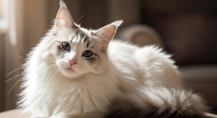 "Adorable domestic cat in warm natural lighting, sharp detail, expressive eyes, soft fur texture, cozy indoor atmosphere, professional pet photography, high-resolution portrait