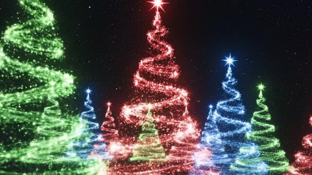 Glittering Spiral Christmas Trees on Starry Night Sky, Vibrant Multicolor Festive Video