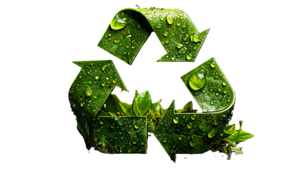  Macro Detail of Upcycled Recycling Logo Cut Out, Featuring Detailed Natural Components and Water Droplets, Isolated Element