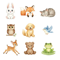 Charming collection of cute baby animals including a rabbit, fox, cat, owl, dog, bird, deer, bear, and frog