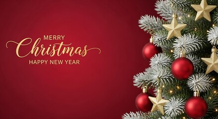 Festive christmas tree with red ornaments and gold stars on red background