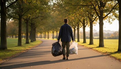 Person carrying full trash bags, one black and one clear filled with collected litter, walking away on a paved path in a park on a sunny day amongst a tree lined avenue