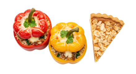 Close Up of Stuffed Bell Peppers and Almond Pie Slice on Transparent Background