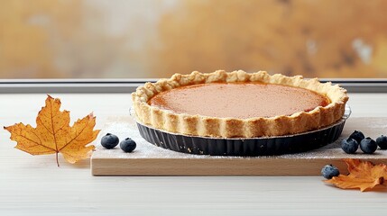 A whole pumpkin pie in a black pie dish sits on a wooden cutting board. Several blueberries and a vibrant orange maple leaf are scattered around the pie. The ba