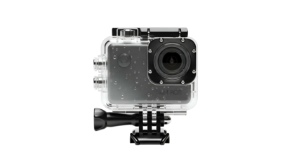 Waterproof action camera in a clear case, showcasing the lens and mounting system