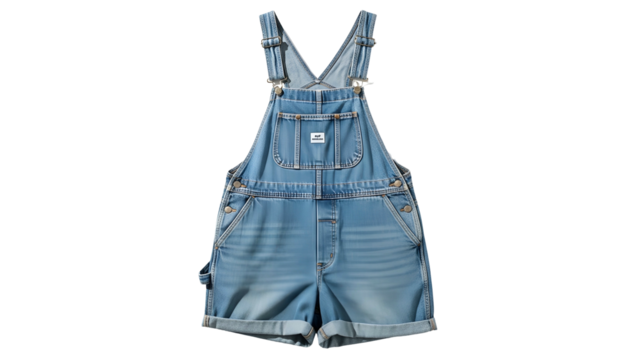 Light blue denim short overalls, front view, isolated, with button details and folded hems
