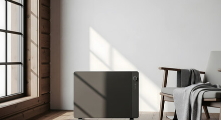 Electric heater in cabin with wooden interior and natural lighting  