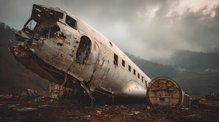 Wreckage of an abandoned vintage airplane in a desolate landscape.