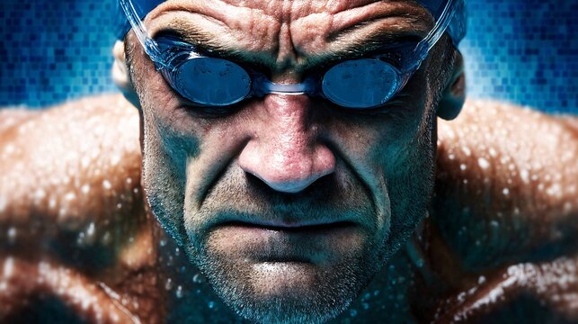 close-up illustration of a swimmer's determined face, wearing goggles, as they push through an intense swimming training session. The image captures their focus, breath control, and resilience. 