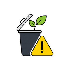 Trash bin with leaf and caution sign promoting eco waste awareness.