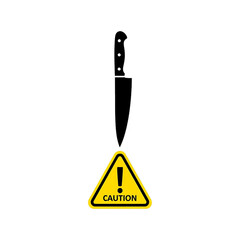 Knife with caution sign indicating sharp object safety.