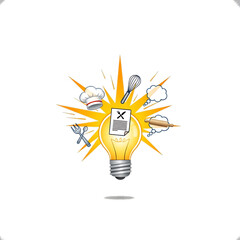 Lightbulb bursting with culinary creativity and utensils.