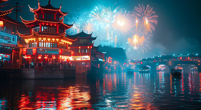 Traditional asian cityscape illuminated by fireworks over water at night - Powered by Adobe