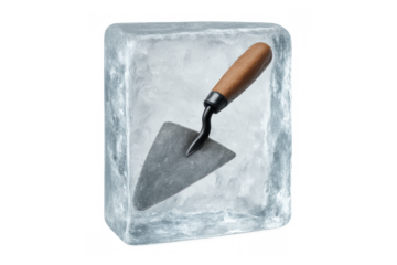 Trowel frozen in block of ice symbolizing construction delays, work stoppage, halted progress, and project challenges