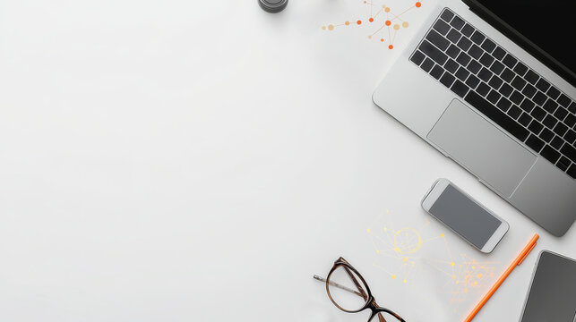 Modern Creative Workspace Overview with Organized Desktop, Device Assortment, and Office Supplies