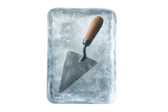 Trowel tool frozen in a clear ice block symbolizing stalled construction, delay, or an unmoving project