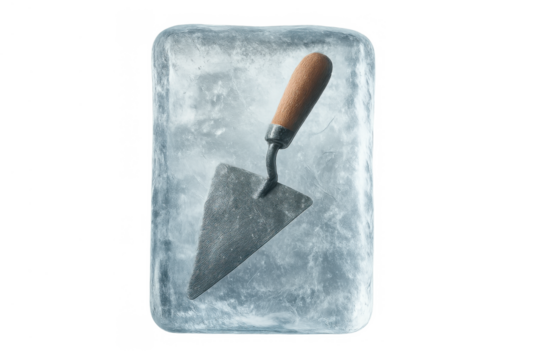 Trowel tool frozen in a clear ice block symbolizing stalled construction, delay, or an unmoving project