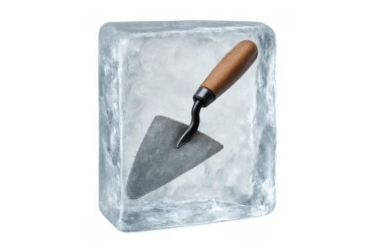 Trowel frozen in block of ice symbolizing construction delays, work stoppage, halted progress, and project challenges
