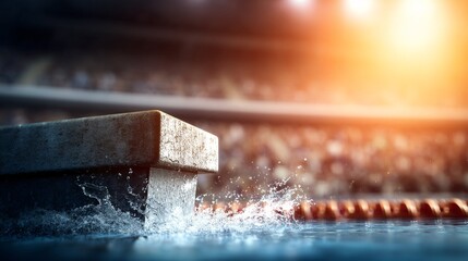 view digital illustration of a swimmer diving off the starting block into the pool, water splash in foreground, stadium crowd blurred in background, warm lighting, space left for event title 