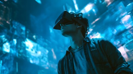 Young man wearing a virtual reality headset exploring a futuristic digital metaverse.