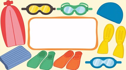 illustration of swimming gear including goggles, swim cap, kickboard, fins, towel, and water bottle arranged around blank center, playful colors, flat design suitable for promotional or training 