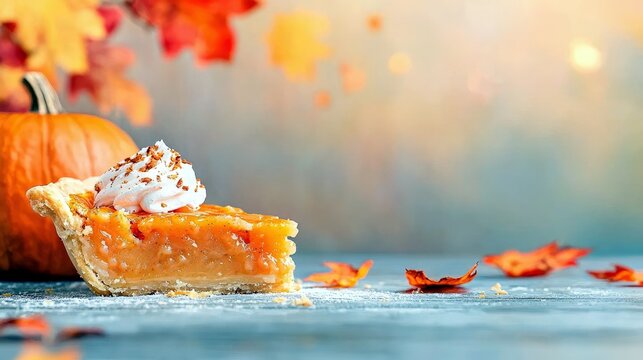 A close-up of a slice of pumpkin pie topped with whipped cream and cinnamon, placed on a rustic wooden surface next to a whole pumpkin. Autumn leaves are scatte